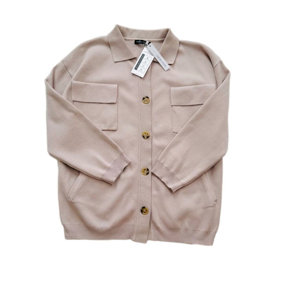 Suprelook Cardigan Top Shacket Taupe Knit Button Front Long Sleeve Small NEW - Picture 10 of 13